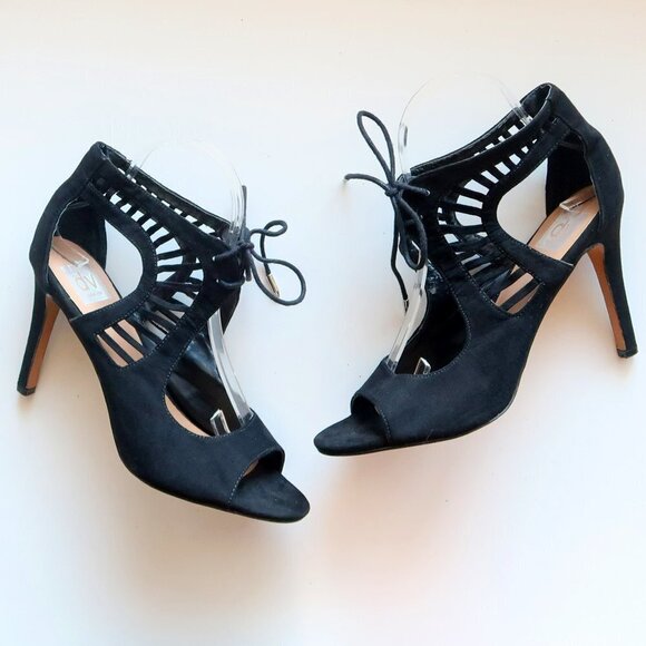 Dolce Vita Black Suede Leather Peep Toe Cutout Heeled Lace-up Bootie Shoes 8.5 - Picture 1 of 14